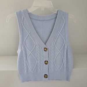 Sincerly Jules Pale Blue Cable-Knit Button Vest